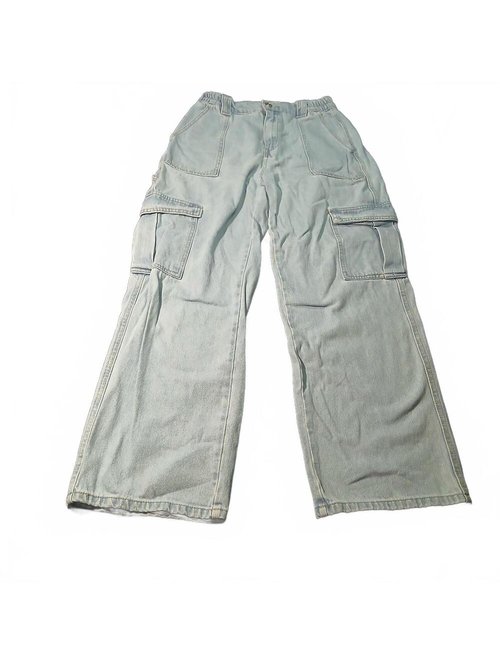 Wax Jean Y2K Cargo Jeans Light Wash Wide Leg Elastic Waist Denim Pants M Medium